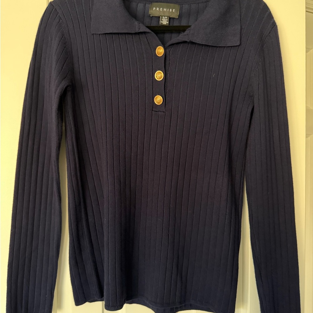 Premise Dark Blue Button Down Ribbed Shirt